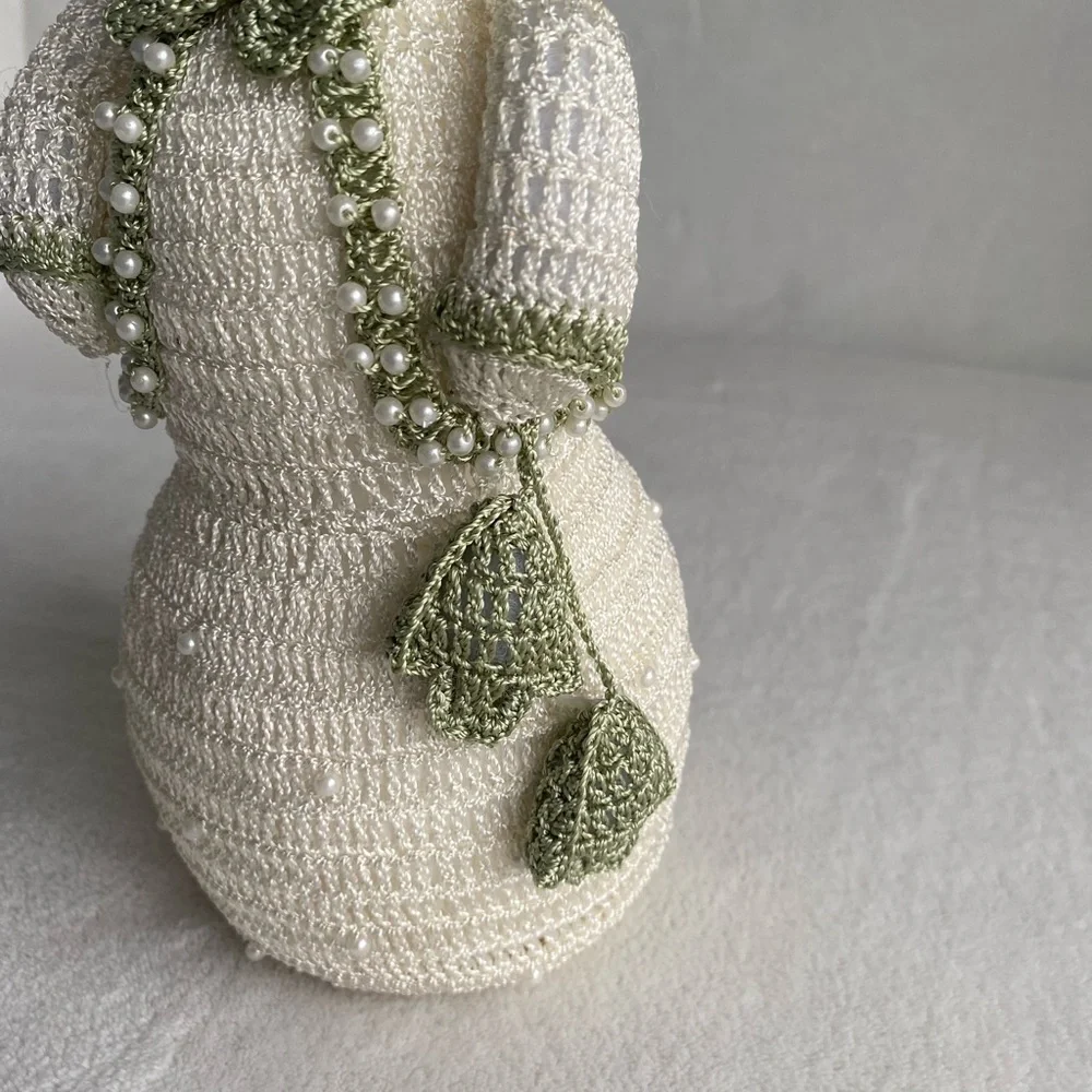 Delicate Crochet Snowman Figurine Cream White Green Pearls Victorian‎ Christmas